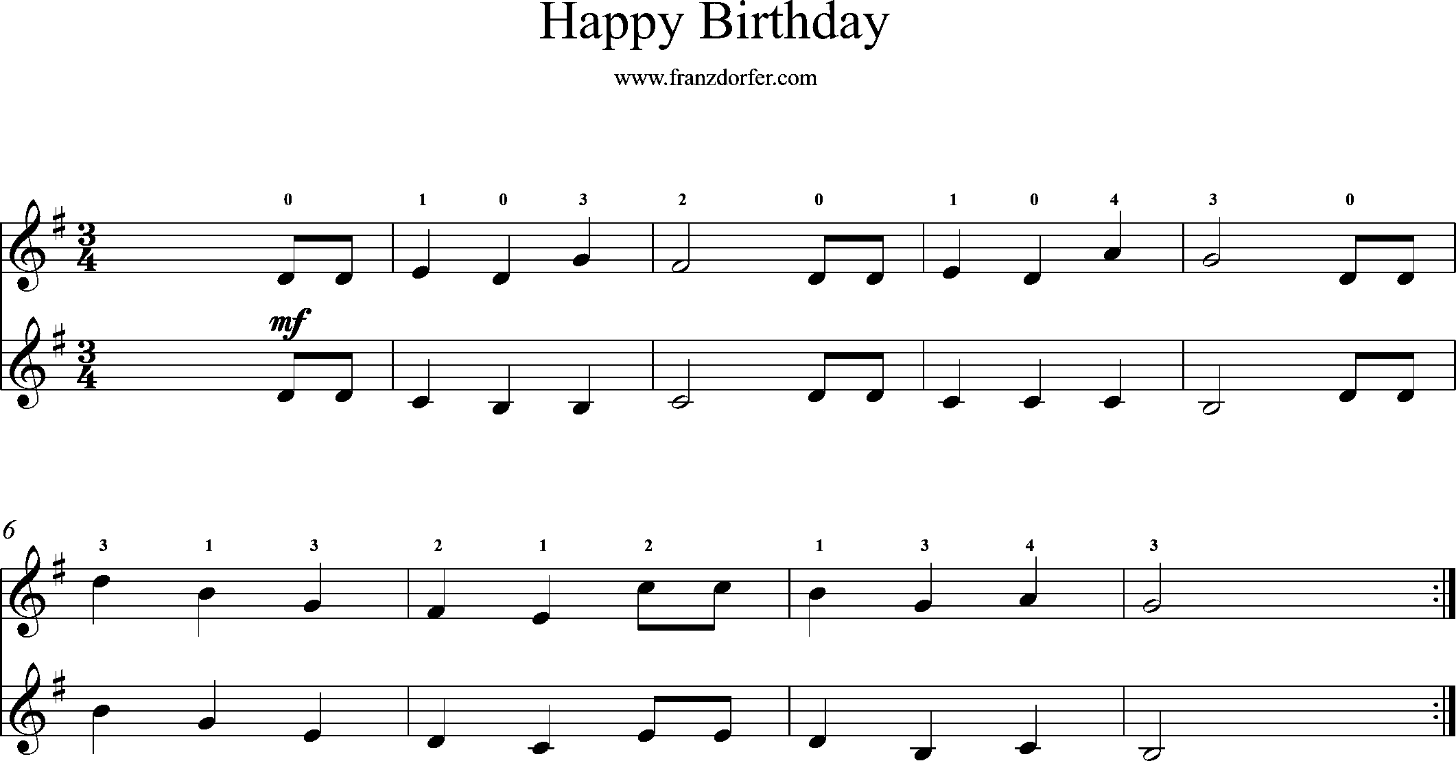 Sheetmusic for Violin, G-Major, Happy Birthday